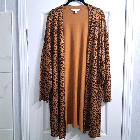 Long Leopard Cardigan Duster Soft Comfy Plus Size 2x Terra Sky Long Sleeve Brown - Picture 1 of 17